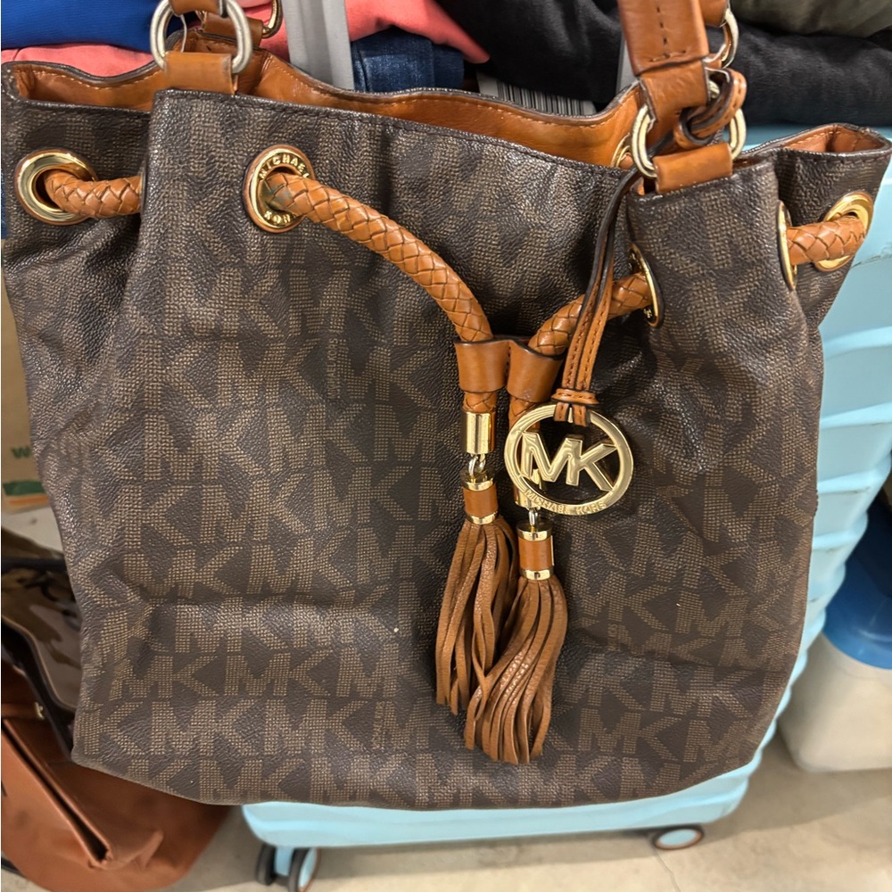Michael Kors Brown and Gold Shoulder Bag with Monogram Print